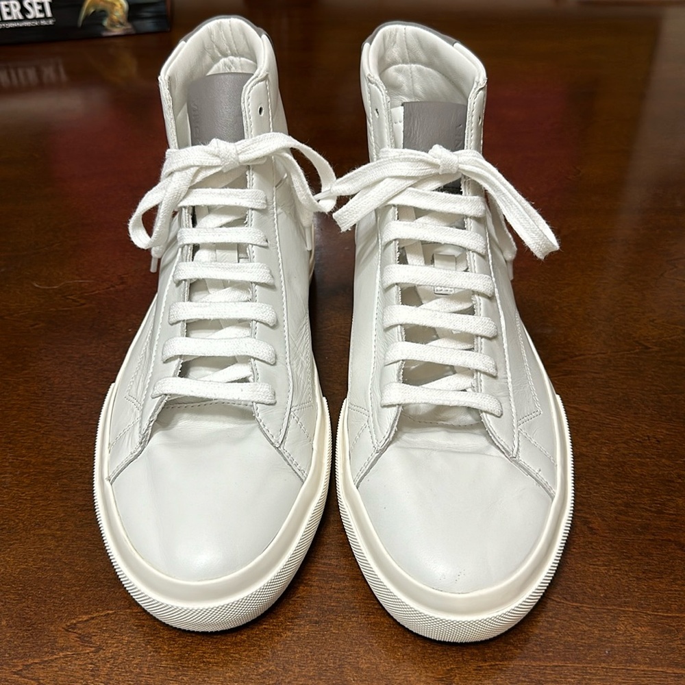 Men’s high top, leather, off white, sneakers.